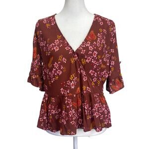 MADEWELL Butterfly Floral Wrap Blouse Ruffle Sleeve Burgundy Fairy Y2K Sz 2 NWT